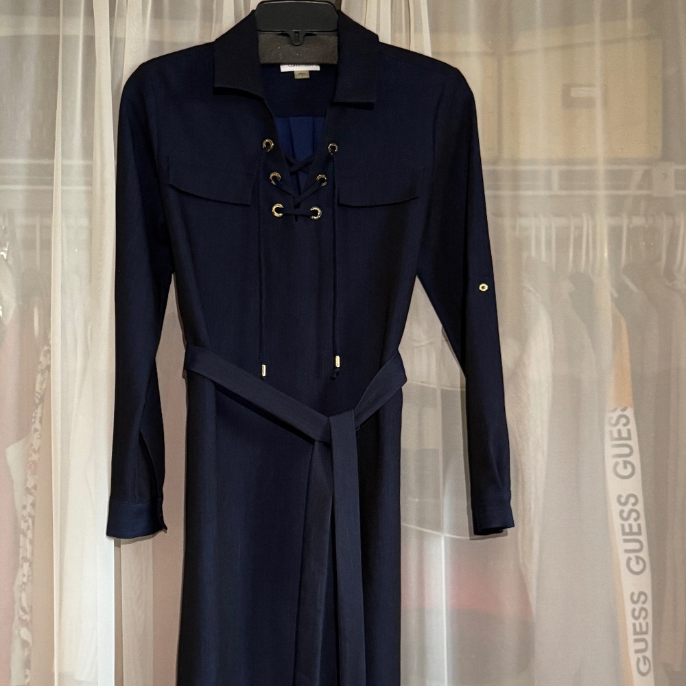 Calvin Klein Navy Blue Lace-Up Midi Dress Long Sleeve Belted